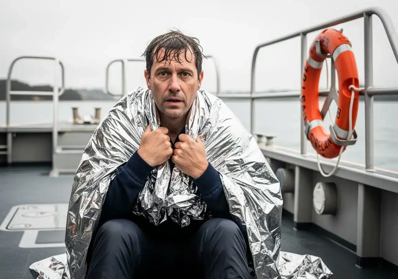 A-45-year-old-Australian-man-in-wet-dishevelled-casual-clothing-sits-wrapped-in-a-silver cloth