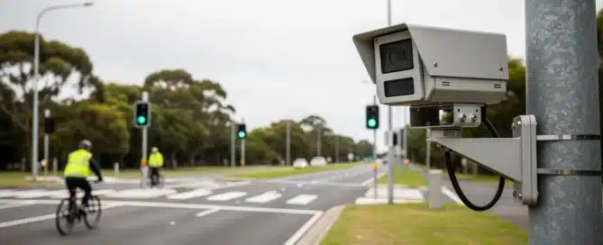 A roadside traffic camera mounted on a pole, with a cyclist crossing a street intersection in the blurred background.