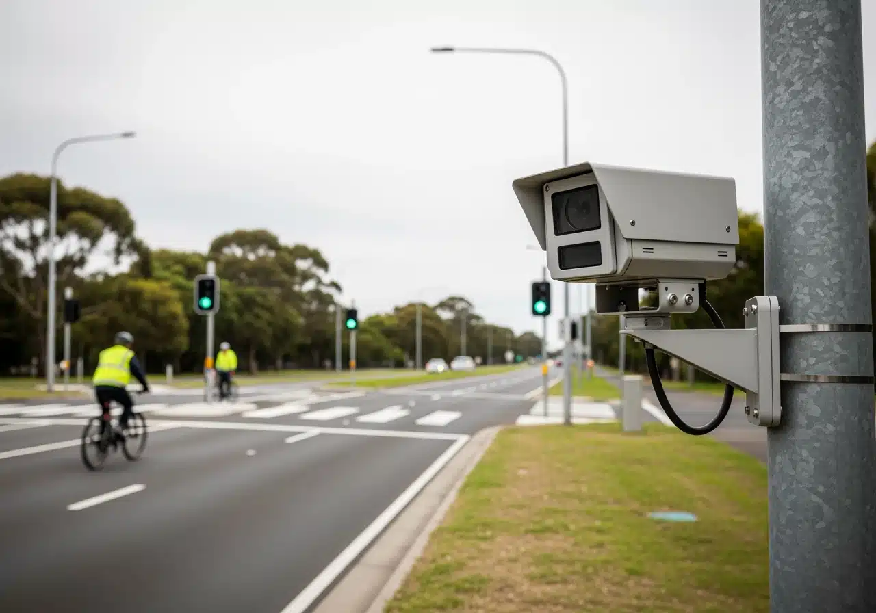 A roadside traffic camera mounted on a pole, with a cyclist crossing a street intersection in the blurred background.